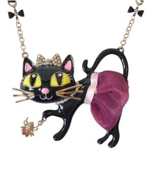 Betsey Johnson Tutu Cat Necklace Black Pink Gold Whimsical NWT